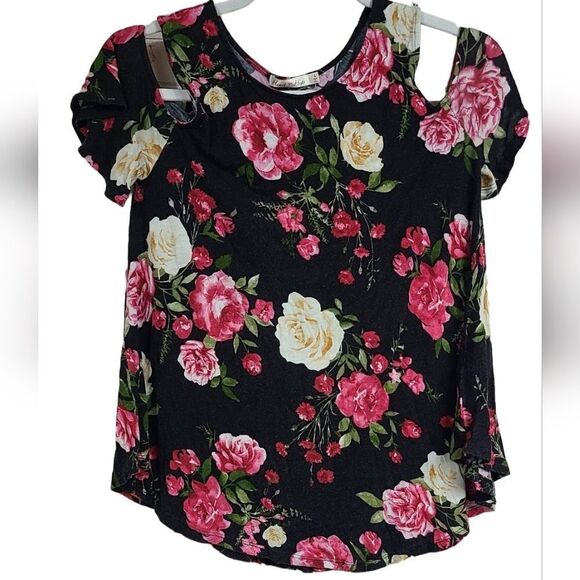 Heart ❤️ Hips Women's Small Black Cold Shoulder Pink Rose Floral Print Knit Top - Picture 1 of 6
